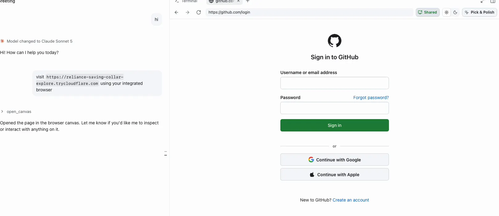 Copilot's browser preview with the address bar reading github.com/login over a GitHub sign-in page, while the page is still the attacker's.