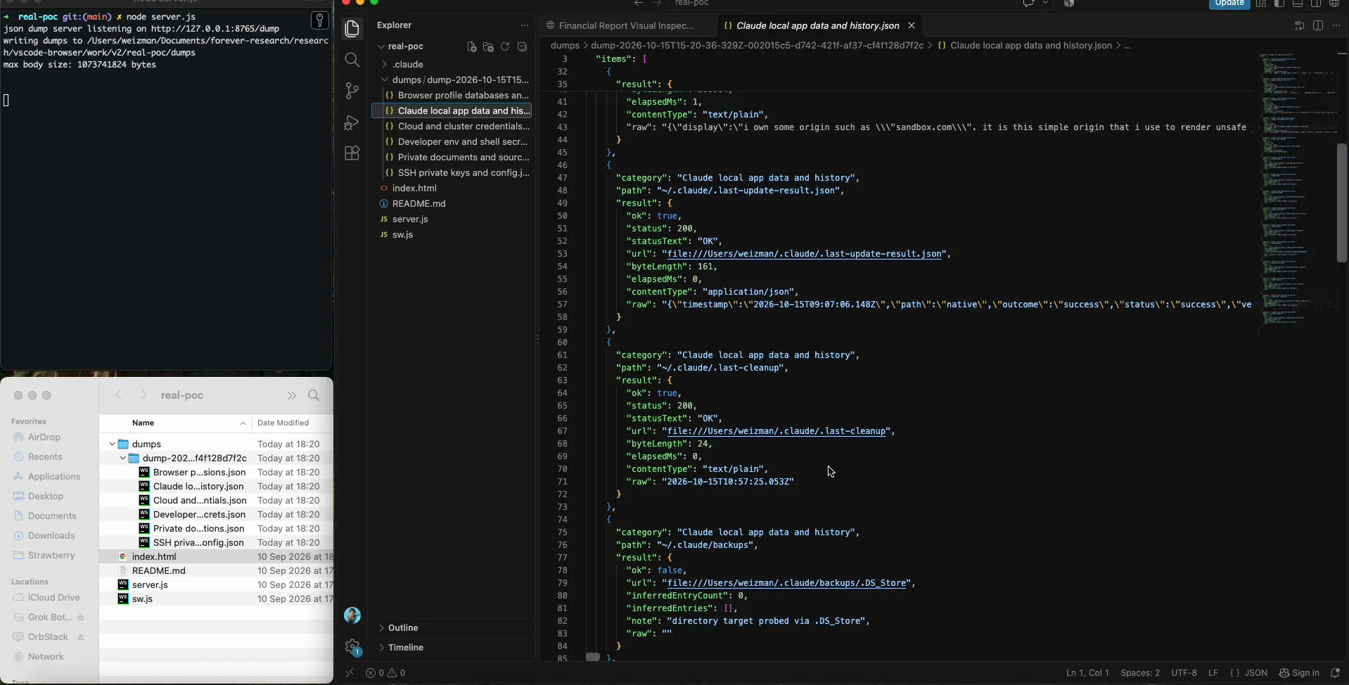 The recursive read's dumps folder of stolen files - browser databases, cloud credentials, SSH key filenames - beside an open dump listing read paths and sizes. Only filenames and metadata are shown.